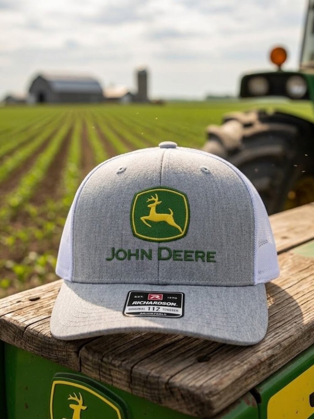 John Deere Tractor Embroidered Heather Grey White Richardson 112 Hat Farmer USA